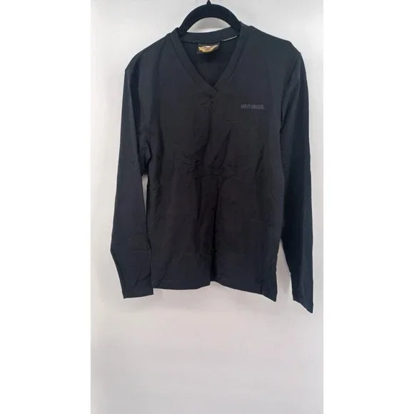 Harley Davidson T-Shirt Women’s Small Black Long Sleeve V-Neck Biker Cool Light - Picture 1 of 7